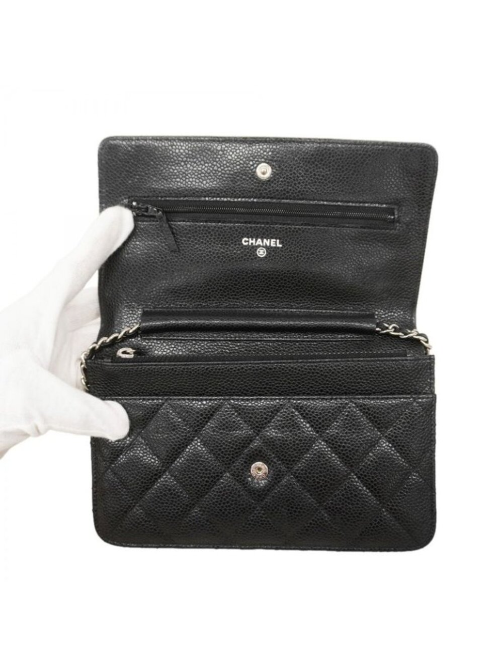 Chanel Shoulder Wallet Quilted Caviar Leather Black Silver - Picture 4 of 10